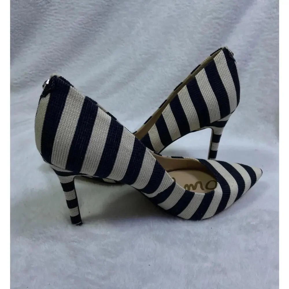 Sam Edelman black white 4" Stripe Heels Stiletto Sz. 7 M US 37 EU Women’s Canvas - Picture 7 of 11